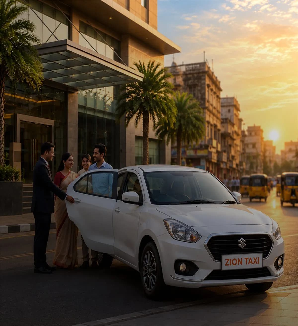 A well-dressed family boarding a white Zion Taxi sedan outside a hotel entrance in Madurai