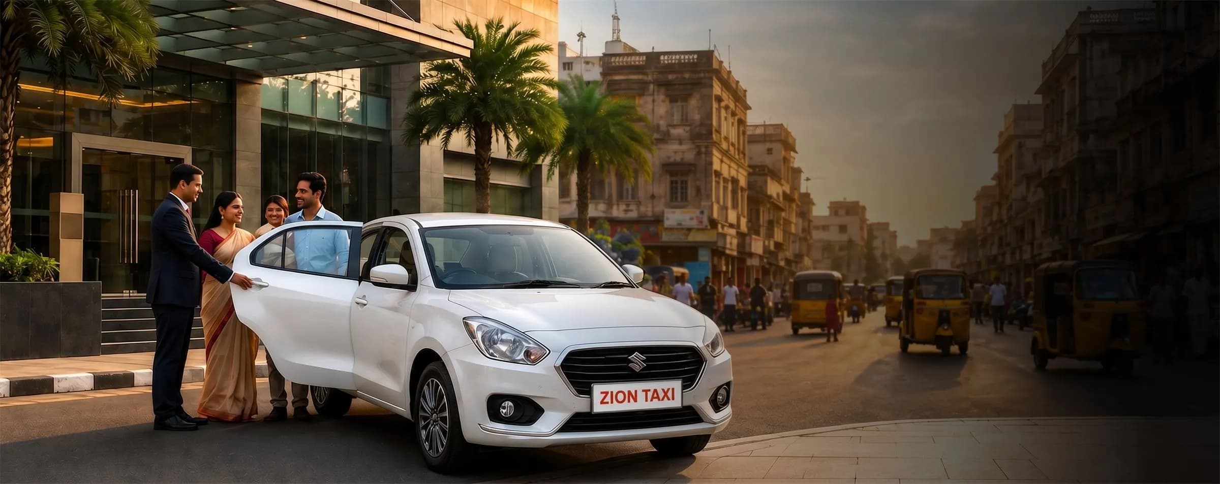 A well-dressed family boarding a white Zion Taxi sedan outside a hotel entrance in Madurai